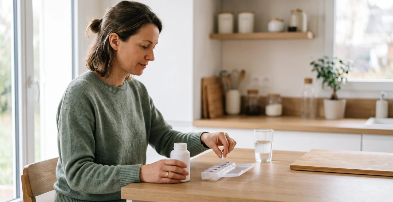 Une femme dépose une gélule de vitamine B8 dans un pilulier posé sur le plan de travail de sa cuisine, le matin.