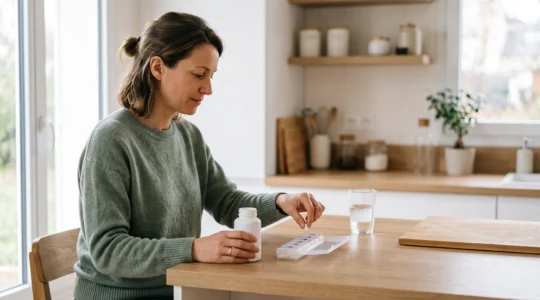 Une femme dépose une gélule de vitamine B8 dans un pilulier posé sur le plan de travail de sa cuisine, le matin.