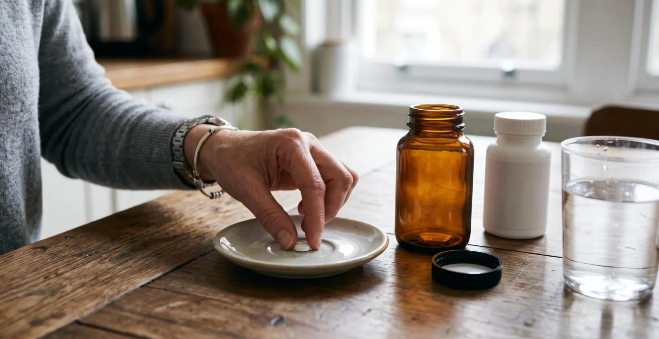Gros plan sur une main attrapant un comprimé de vitamine B8 à côté d'un flacon sans étiquette lisible et d'un verre d'eau.
