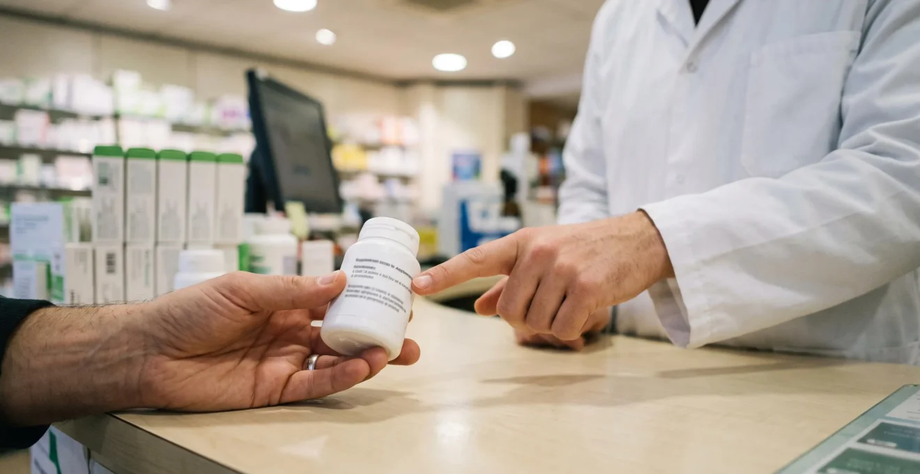 Un pharmacien en blouse blanche montre l'étiquette d'un flacon de complément alimentaire à un client au comptoir.